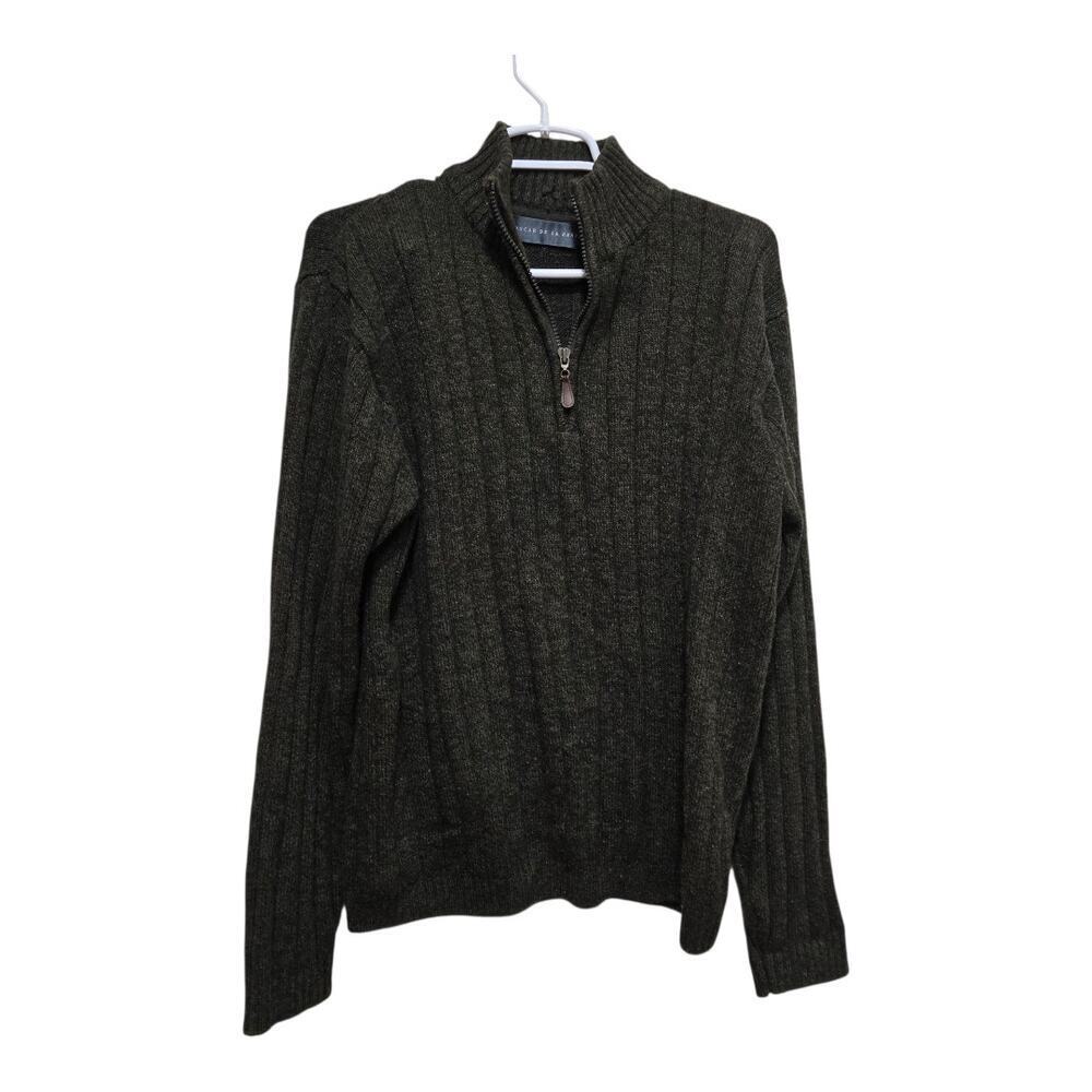 Oscar de la Renta Mens L Green Ribbed Quarter Zip Sweater